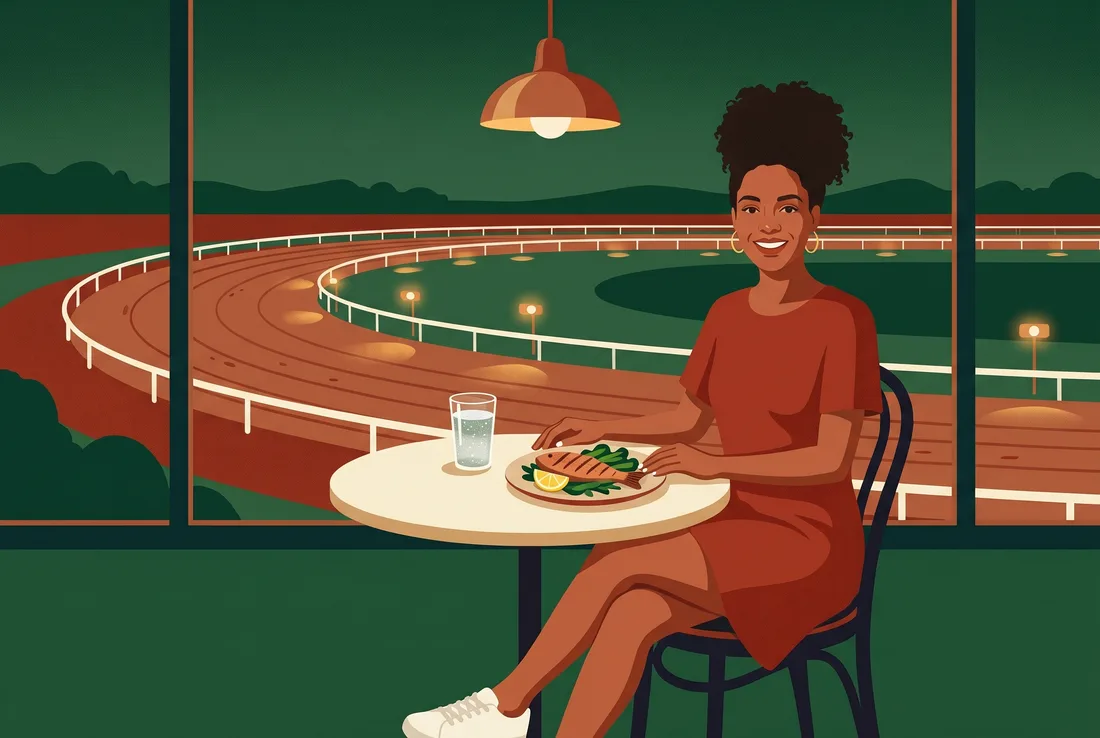 Illustration: the same young woman sits at a small table by a tall window over the oval, with a plate of grilled fish and a glass of water.