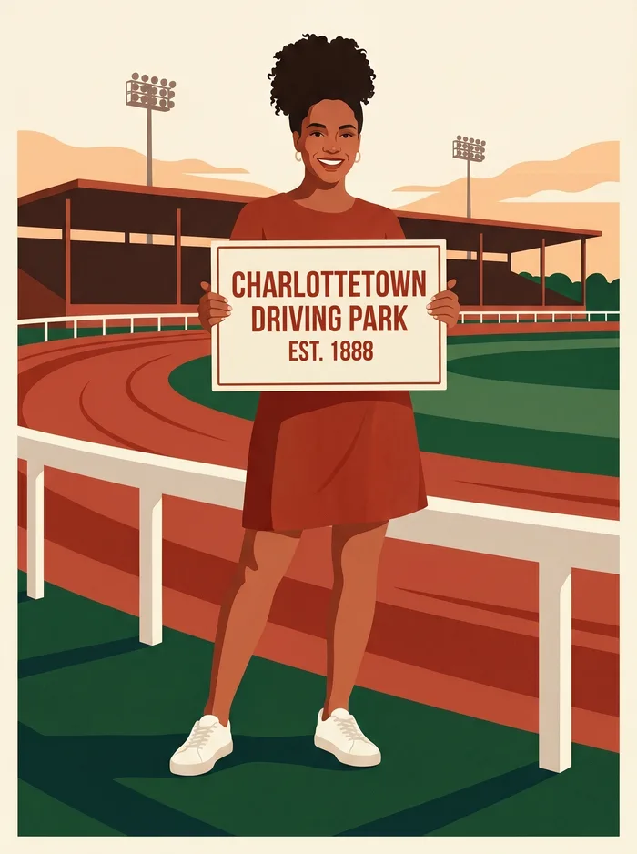 Illustration: a smiling young woman with curly hair in a rust-red mini dress stands at the white rail of a harness track, holding a sign that reads Charlottetown Driving Park, est. 1888.